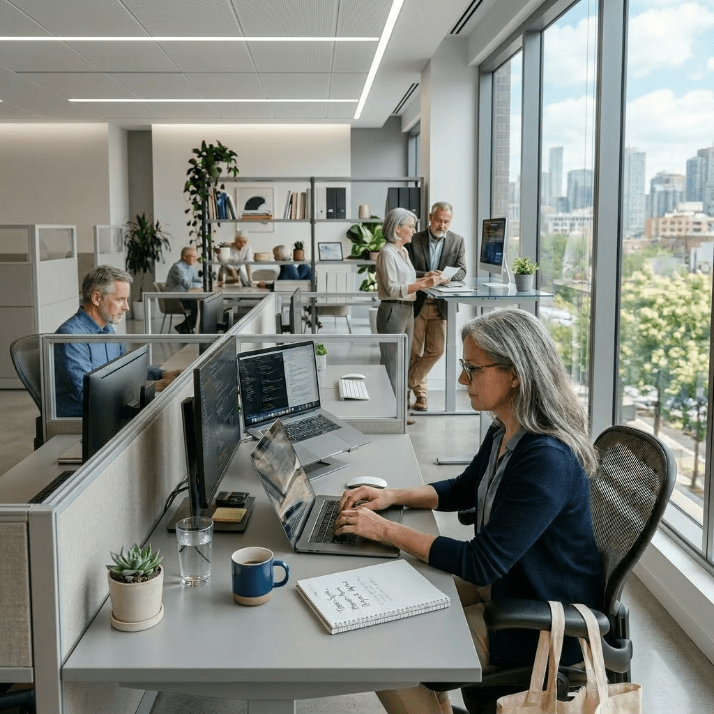 Employees working on laptops and discussing documents in a spacious office with large windows